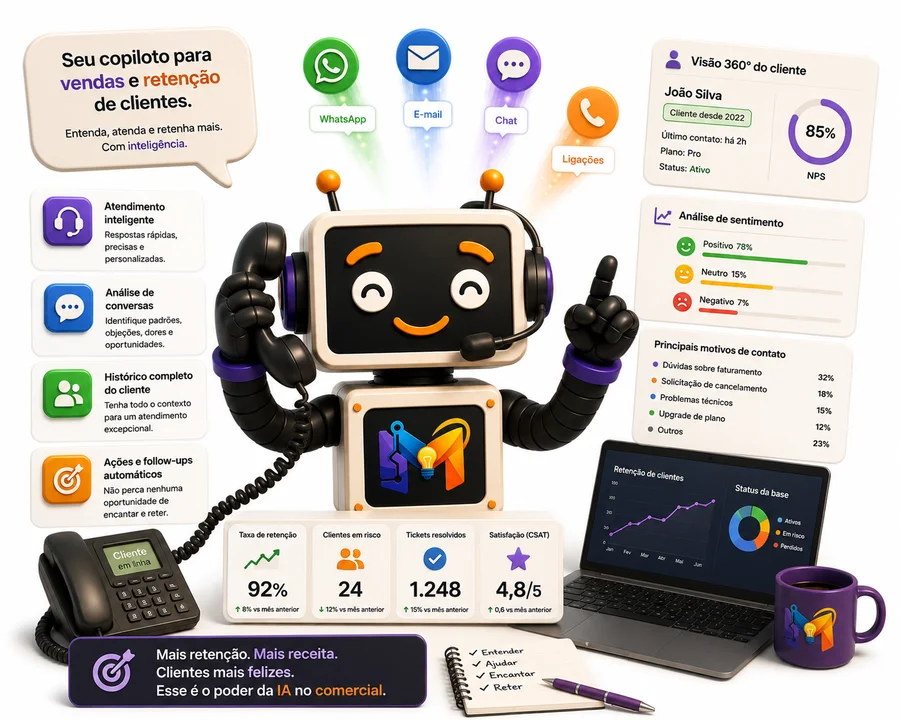 Mascote do MakeStudio no atendimento, simbolizando triagem automática de mensagens