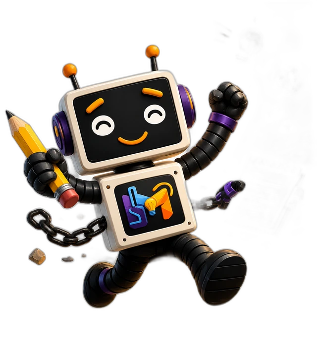 Mascote do MakeStudio feliz, segurando um bloco de notas