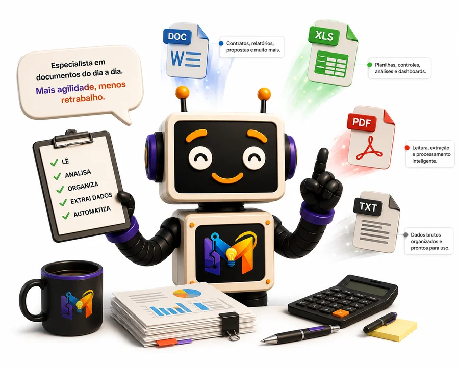 Mascote do MakeStudio com uma prancheta: lê, analisa, organiza, extrai e automatiza documentos