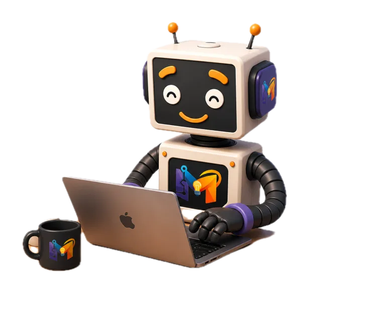 Mascote do MakeStudio programando em um laptop