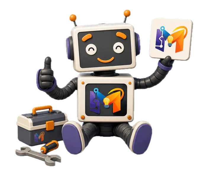 Mascote do MakeStudio sentado com caixa de ferramentas, mostrando o logo